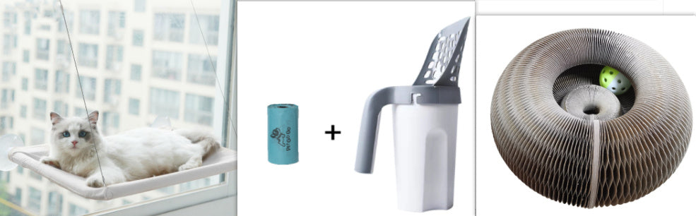 Hangende Kattenhangmat voor Raam met katten, speeltjes en accessoires voor huisdieren.